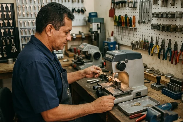 Chaveiro utilizando ferramentas para confecção de cópias de chaves em Boa Vista.